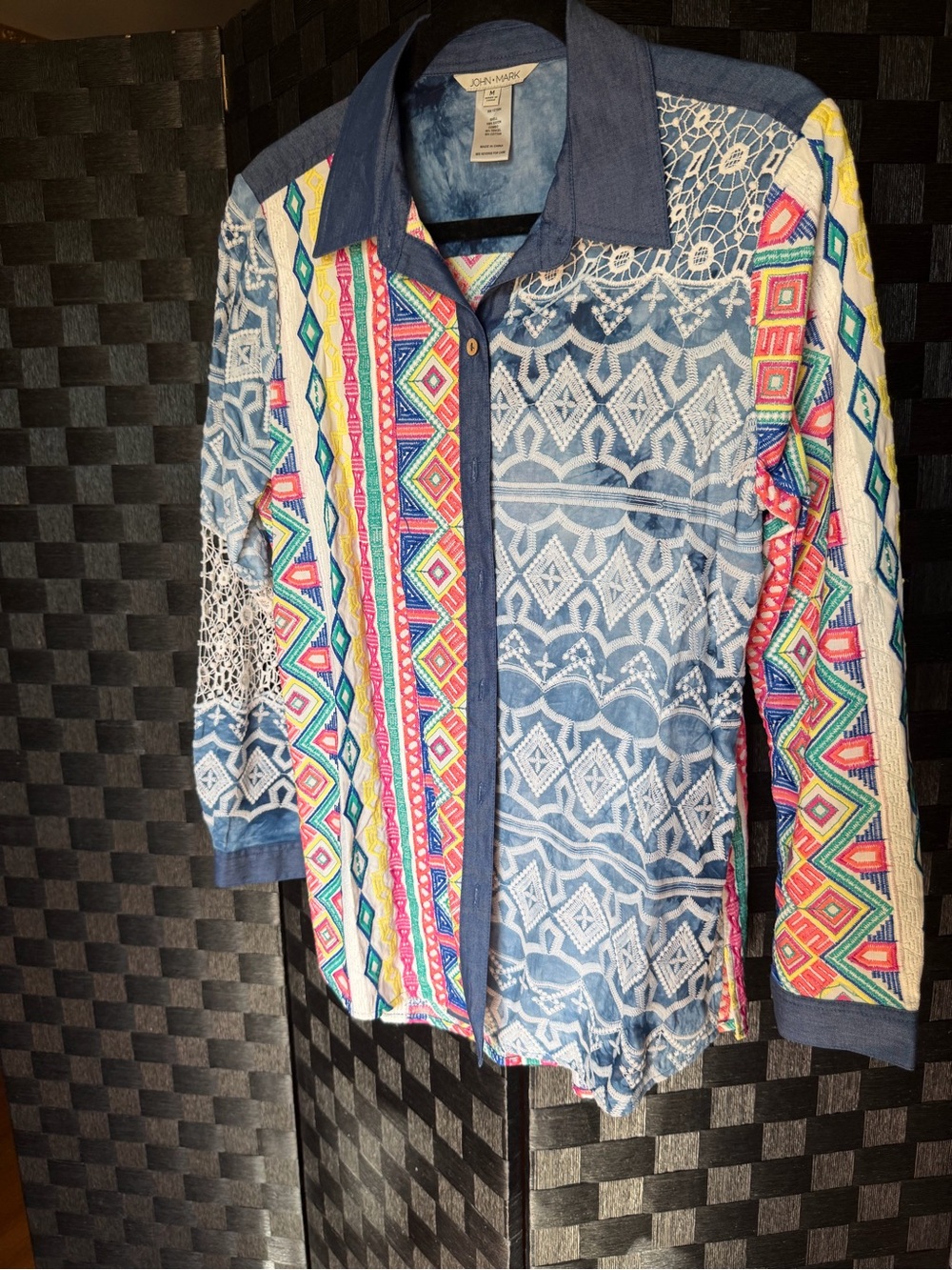 John Mark Blue Denim-Trim Button-Up Shirt with Multicolor embroidery